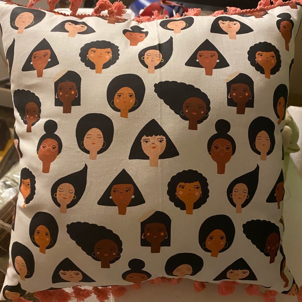 Handmade “Faces” Throw Pillow – Pink Tassel Fringe, NWT